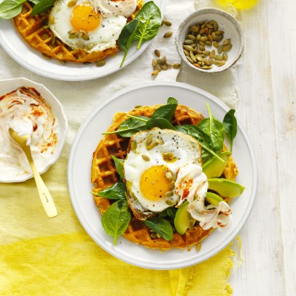 Sweet Potato Waffles with Eggs and Avocado